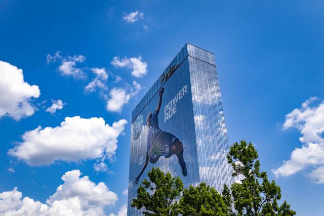 An advertisement depicting Spain's forward #19 Lamine Yamal is displayed on a building near the Atlanta Stadium in Atlanta on June 30, 2026, during the 2026 World Cup football tournament. (Photo by Odd Andersen / AFP)