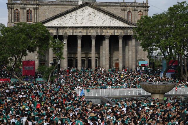 Mexican fans gather to watch the FIFA World Cup round of 32 football match between Mexico and Ecuador at the Fan Fest in Guadalajara, state of Jalisco, Mexico, on June 30, 2026. (Photo by Ulises RUIZ / AFP)