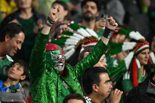 A Mexican fan wearing a lucha libre mask cheers during the 2026 World Cup round of 32 football match between Mexico and Ecuador at the Mexico City Stadium in Mexico City on June 30, 2026.  (Photo by Yuri CORTEZ / AFP)