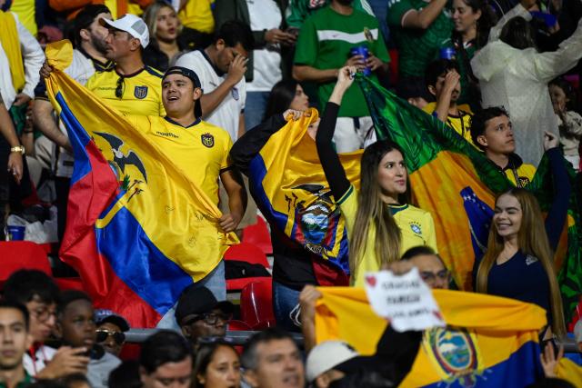 Ecuador fans cheer during the 2026 World Cup round of 32 football match between Mexico and Ecuador at the Mexico City Stadium in Mexico City on June 30, 2026.  (Photo by Alfredo ESTRELLA / AFP)