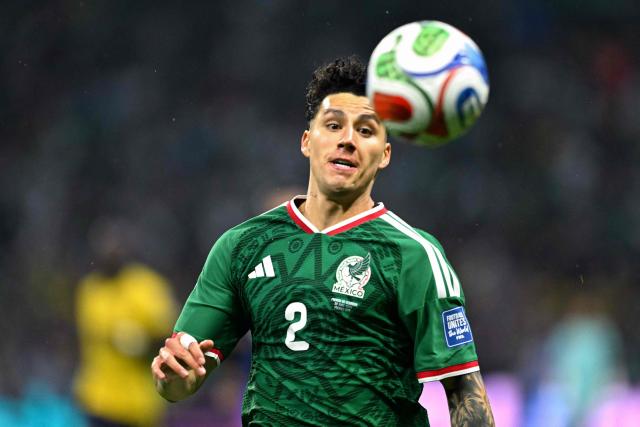 Mexico's defender #02 Jorge Sanchez eyes the ball during the 2026 World Cup round of 32 football match between Mexico and Ecuador at the Mexico City Stadium in Mexico City on June 30, 2026.  (Photo by CARL DE SOUZA / AFP)