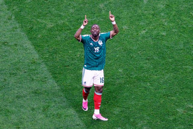 Mexico's forward #16 Julian Quinones celebrates scoring his team's first goal during the 2026 World Cup round of 32 football match between Mexico and Ecuador at the Mexico City Stadium in Mexico City on June 30, 2026.  (Photo by Rodrigo Oropeza / AFP)