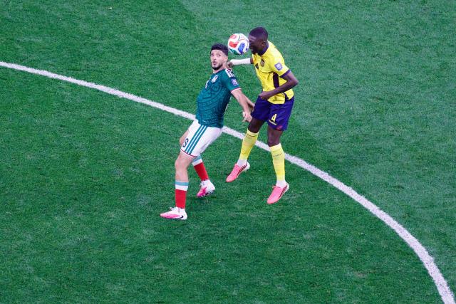 Mexico's forward #09 Raul Jimenez and Ecuador's defender #04 Joel Ordonez fight for the ball during the 2026 World Cup round of 32 football match between Mexico and Ecuador at the Mexico City Stadium in Mexico City on June 30, 2026.  (Photo by Rodrigo Oropeza / AFP)