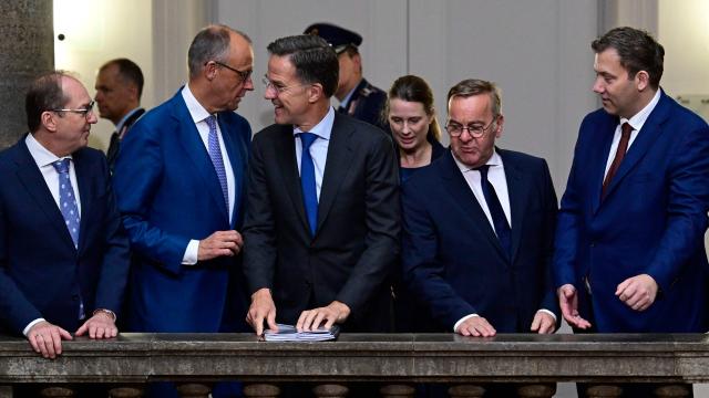 (L-R) German Interior Minister Alexander Dobrindt, German Chancellor Friedrich Merz, NATO Secretary General Mark Rutte,  German Defence Minister Boris Pistorius and German Finance Minister and Vice Chancellor Lars Klingbeil prepare to pose for a group photo prior to a weekly meeting of the German cabinet at the Defence Ministry in Berlin, Germany, on July 1, 2026. (Photo by John MACDOUGALL / AFP)