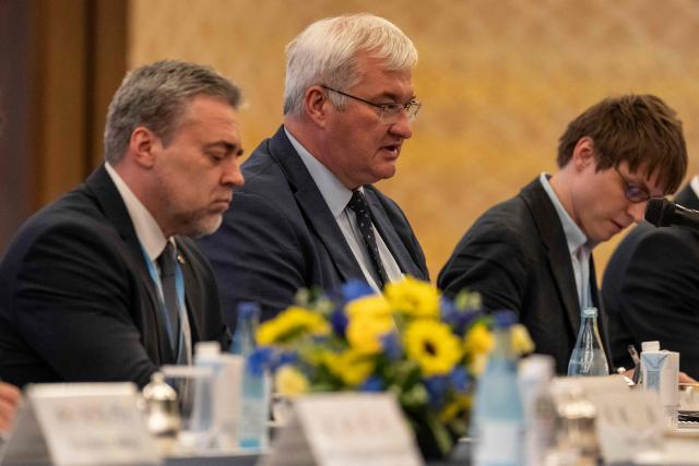 Ukraine's Foreign Affairs Minister Andriy Sybiga (C) speaks during a meeting with Japan's Foreign Minister Toshimitsu Motegi at the Iikura Guest House in Tokyo on July 1, 2026. (Photo by Yuichi YAMAZAKI / AFP)