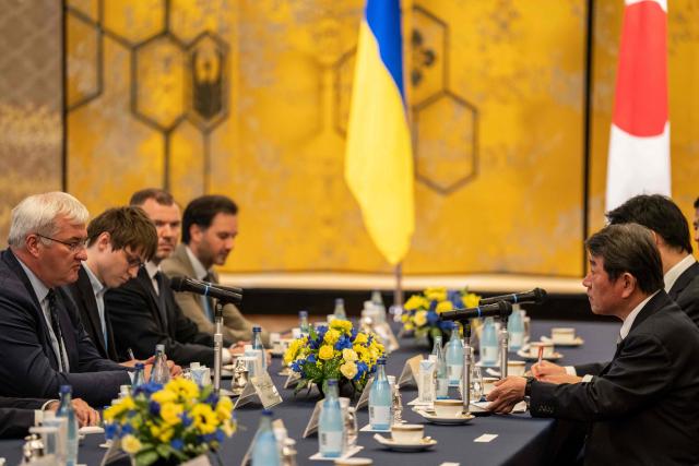 Japan's Foreign Minister Toshimitsu Motegi (R) and Ukraine's Foreign Affairs Minister Andriy Sybiga (L) attend their meeting at the Iikura Guest House in Tokyo on July 1, 2026. (Photo by Yuichi YAMAZAKI / AFP)