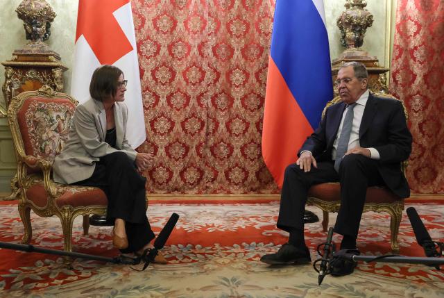 Russia's Foreign Minister Sergei Lavrov and President of the International Committee of the Red Cross (ICRC) Mirjana Spoljaric hold a meeting in Moscow on July 1, 2026. (Photo by Shamil Zhumatov / POOL / AFP)