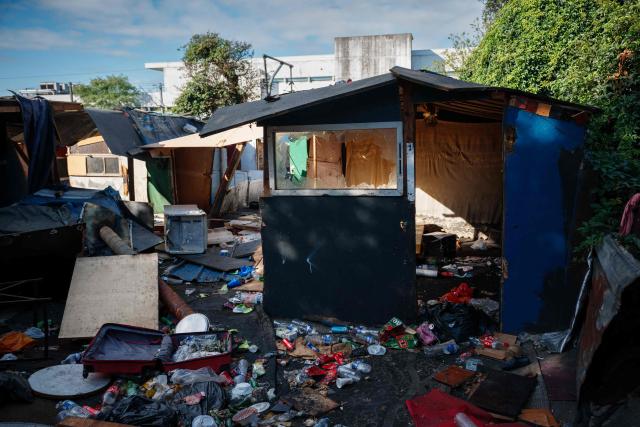 This photograph shows a makeshift home after the evacuation and clearance operation of the Stains' shantytown, North of Paris, on July 1, 2026. (Photo by Dimitar DILKOFF / AFP)