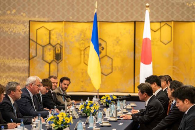 Japan's Foreign Minister Toshimitsu Motegi (3rd R) and Ukraine's Foreign Affairs Minister Andriy Sybiga (3rd L) attend their meeting at the Iikura Guest House in Tokyo on July 1, 2026. (Photo by Yuichi YAMAZAKI / AFP)