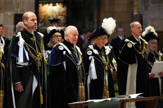 Britain's Prince William, Prince of Wales (L), Britain's King Charles III (2L), Britain's Queen Camilla and Britain's Prince Edward, Duke of Edinburgh attend the Thistle Service at St Giles' Cathedral, Edinburgh, Scotland on July 1, 2026. (Photo by Aaron Chown / POOL / AFP)