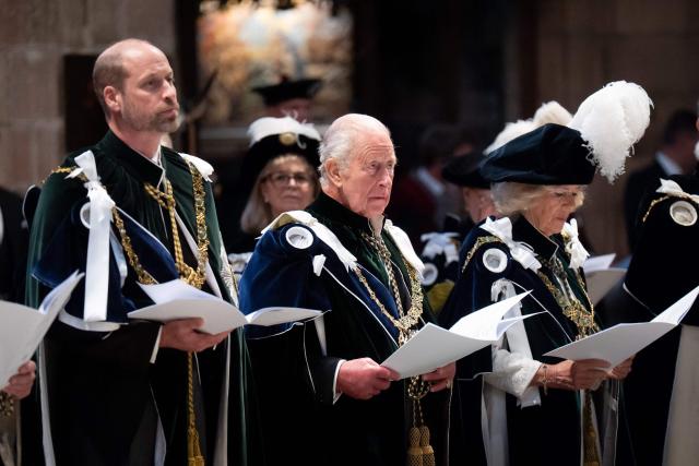 (L to R) Britain's Prince William, Prince of Wales, Britain's King Charles III and Britain's Queen Camilla attend the Thistle Service at St Giles' Cathedral in Edinburgh, Scotland on July 1, 2026. (Photo by Aaron Chown / POOL / AFP)