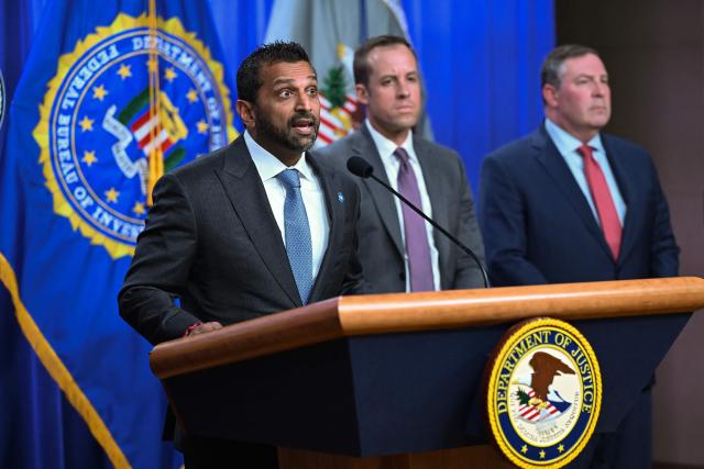FBI Director Kash Patel (L), alongside US Attorney for the Northern District of Nevada (C) and US Attorney for the Northern District of Illinois Andrew S. Boutros (R), speaks during a news conference about Tren de Aragua developments, at the US Department of Justice headquarters in Washington, DC, on July 1, 2026. (Photo by Alex WROBLEWSKI / AFP)