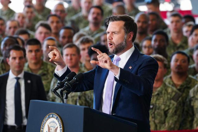 US Vice President JD Vance speaks during an event marking 250 years of the American military at Naval Air Station Oceana in Virginia Beach, Virginia, on July 1, 2026. (Photo by Ken Cedeno / POOL / AFP)