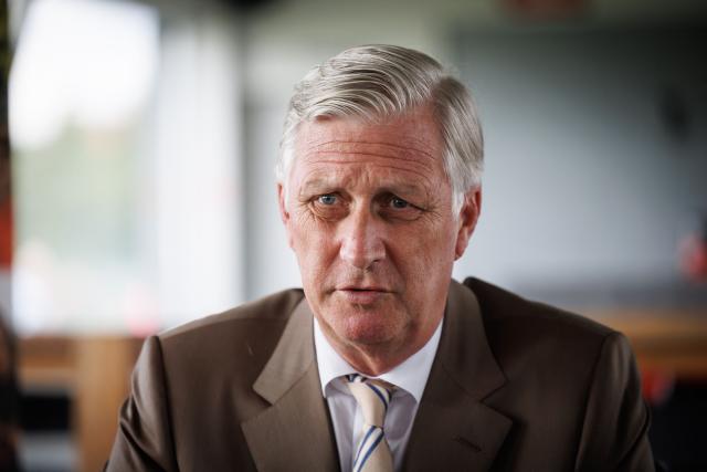 King Philippe - Filip of Belgium looks on as he visits the Red Side Academy at the KV Kortrijk training centre, in Kortrijk on July 1, 2026. (Photo by KURT DESPLENTER / Belga / AFP) / Belgium OUT