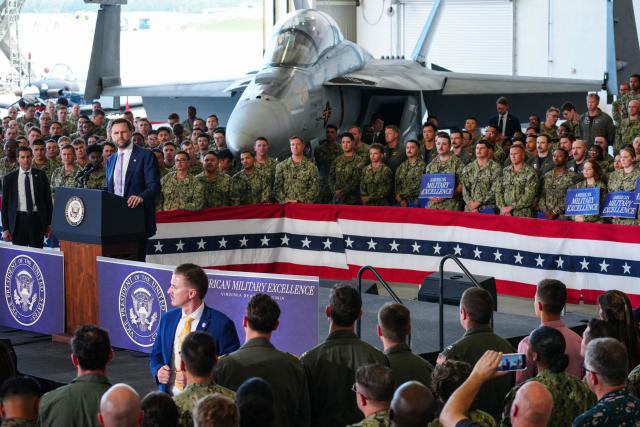 US Vice President JD Vance speaks during an event marking 250 years of the American military at Naval Air Station Oceana in Virginia Beach, Virginia, on July 1, 2026. (Photo by Ken Cedeno / POOL / AFP)