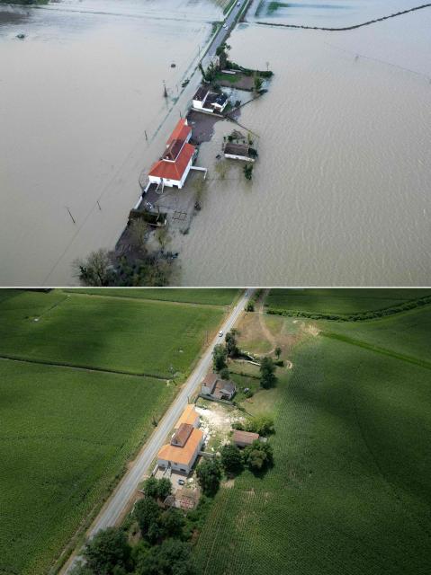 (COMBO) This combination of pictures created on July 1, 2026 shows
(up) an aerial photograph of an isolated house surrounded by the floodwaters of the Garonne River in the village of Couthures-sur-Garonne, in southwestern France, on February 19, 2026 and (down) an aerial photograph of the same isolated house near the Garonne river and the village of Couthures-sur-Garonne, south-western France on July 1, 2026..  (Photo by Lionel BONAVENTURE / AFP)