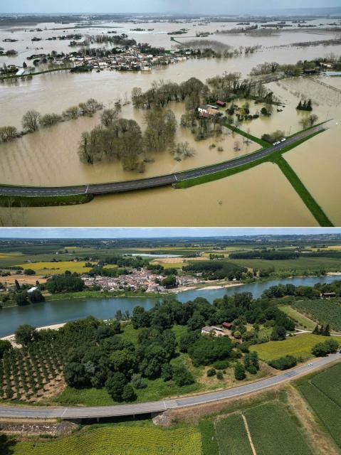 (COMBO) This combination of pictures created on July 1, 2026 shows
(up) an aerial photograph of the village of Couthures-sur-Garonne submerged by the floodwaters of the Garonne River in southwestern France on February 19, 2026 and (down) an aerial photograph of the same location with the Garonne river and the village of Couthures-sur-Garonne, south-western France on July 1, 2026..  (Photo by Lionel BONAVENTURE / AFP)