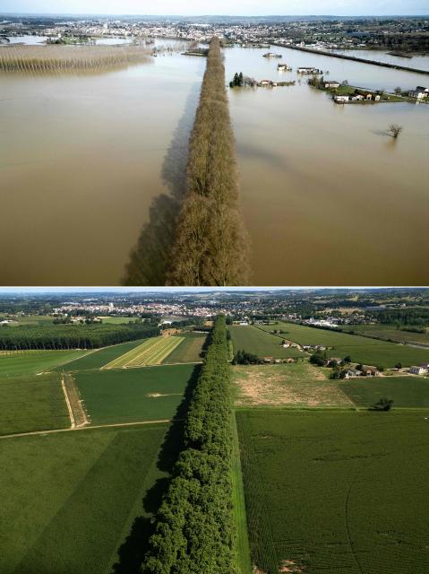 (COMBO) This combination of pictures created on July 1, 2026 shows
(up) an aerial photograph of an isolated road threatened by the floodwaters of the River Garonne in the village of Tonneins, south-western France on February 20, 2026 and (down) an aerial photograph of the same isolated road near the Garonne river by the village of Tonneins, south-western France on July 1, 2026..  (Photo by Lionel BONAVENTURE / AFP)