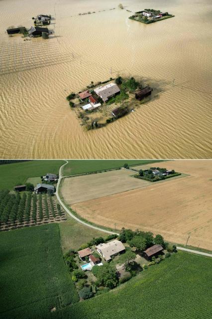 (COMBO) This combination of pictures created on July 1, 2026 shows
(up) an aerial photograph of isolated houses surrounded by the floodwaters of the Garonne River in the village of Couthures-sur-Garonne, in southwestern France, on February 19, 2026 and (down) an aerial photograph of the same isolated house near the Garonne river and the village of Couthures-sur-Garonne, south-western France on July 1, 2026..  (Photo by Lionel BONAVENTURE / AFP)