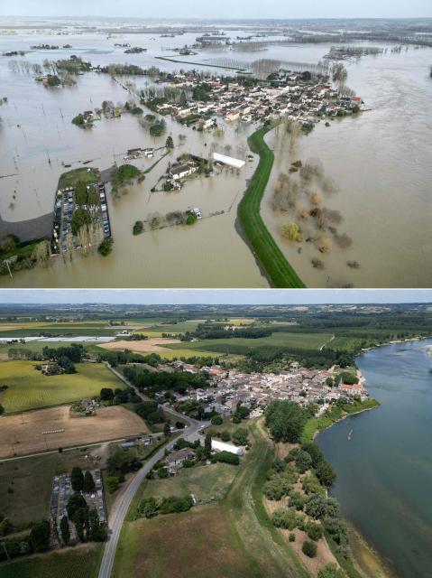 (COMBO) This combination of pictures created on July 1, 2026 shows
(up) an aerial photograph of the village of Couthures-sur-Garonne submerged by the floodwaters of the Garonne River in southwestern France on February 19, 2026 and (down) an aerial photograph of the same view with the Garonne river and the village of Couthures-sur-Garonne, south-western France on July 1, 2026..  (Photo by Lionel BONAVENTURE / AFP)
