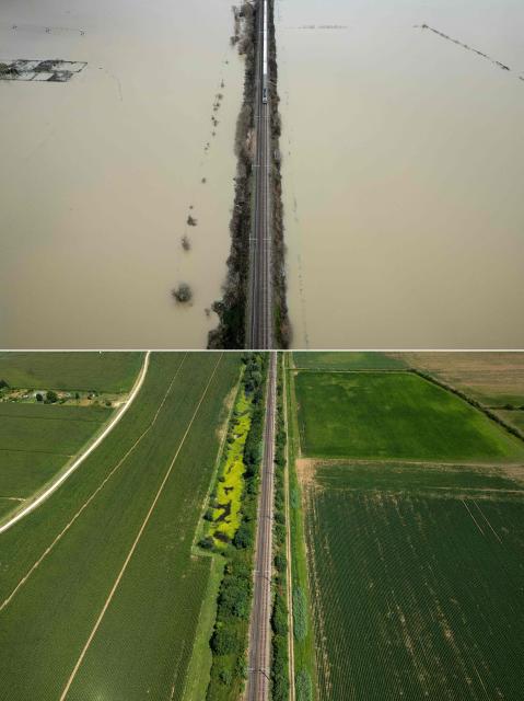 (COMBO) This combination of pictures created on July 1, 2026 shows
(up) an aerial photograph of a train for Agen on railway tracks surrounded by the floodwaters of the River Garonne near the village of Tonneins, south-western France on February 20, 2026, and (down)  aerial photograph of the same railway track near the Garonne river in the village of Tonneins, south-western France on July 1, 2026..  (Photo by Lionel BONAVENTURE / AFP)
