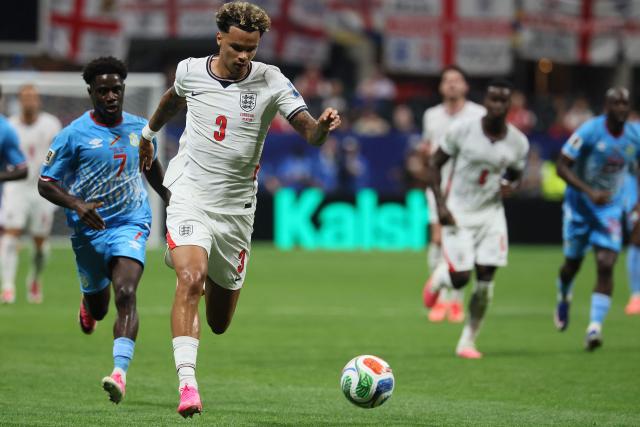 England's defender #03 Nico O'Reilly controls the ball during the 2026 World Cup round of 32 match football between England and the Democratic Republic of Congo at the Atlanta Stadium in Atlanta on July 1, 2026.  (Photo by Odd ANDERSEN / AFP)