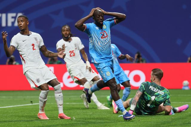 Congo DR's forward #20 Yoane Wissa reacts to a missed chance during the 2026 World Cup round of 32 match football between England and the Democratic Republic of Congo at the Atlanta Stadium in Atlanta on July 1, 2026.  (Photo by Odd ANDERSEN / AFP)