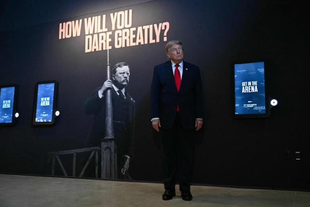 US President Donald Trump visits the "Man in the Arena" speech exhibit as he tours the Theodore Roosevelt Presidential Library in Medora, North Dakota, on July 1, 2026. . (Photo by SAUL LOEB / AFP)