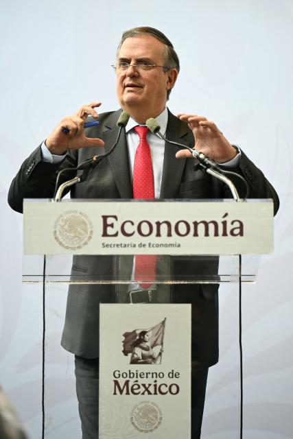 Mexico's Secretary of the Economy, Marcelo Ebrard, gestures during a press conference following the formal meeting between representatives from Mexico, the US and Canada as part of the review process for the USMCA free trade agreement, in Mexico City on July 1, 2026. The United States will not renew a North American trade pact with Canada and Mexico in its current state, the US trade envoy said on July 1, meaning the deal will now be reviewed annually. (Photo by YURI CORTEZ / AFP)