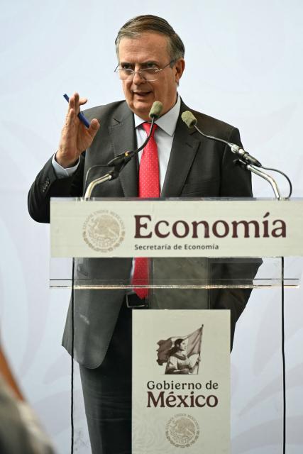 Mexico's Secretary of the Economy, Marcelo Ebrard, gestures during a press conference following the formal meeting between representatives from Mexico, the US and Canada as part of the review process for the USMCA free trade agreement, in Mexico City on July 1, 2026. The United States will not renew a North American trade pact with Canada and Mexico in its current state, the US trade envoy said on July 1, meaning the deal will now be reviewed annually. (Photo by YURI CORTEZ / AFP)