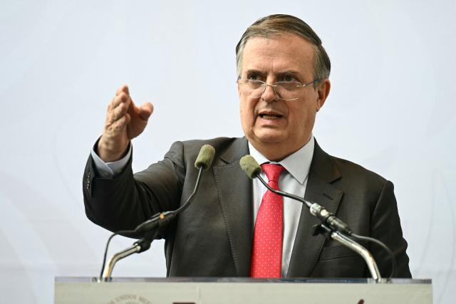 Mexico's Secretary of the Economy, Marcelo Ebrard, gestures during a press conference following the formal meeting between representatives from Mexico, the US and Canada as part of the review process for the USMCA free trade agreement, in Mexico City on July 1, 2026. The United States will not renew a North American trade pact with Canada and Mexico in its current state, the US trade envoy said on July 1, meaning the deal will now be reviewed annually. (Photo by YURI CORTEZ / AFP)