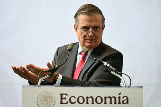 Mexico's Secretary of the Economy, Marcelo Ebrard, gestures during a press conference following the formal meeting between representatives from Mexico, the US and Canada as part of the review process for the USMCA free trade agreement, in Mexico City on July 1, 2026. The United States will not renew a North American trade pact with Canada and Mexico in its current state, the US trade envoy said on July 1, meaning the deal will now be reviewed annually. (Photo by YURI CORTEZ / AFP)