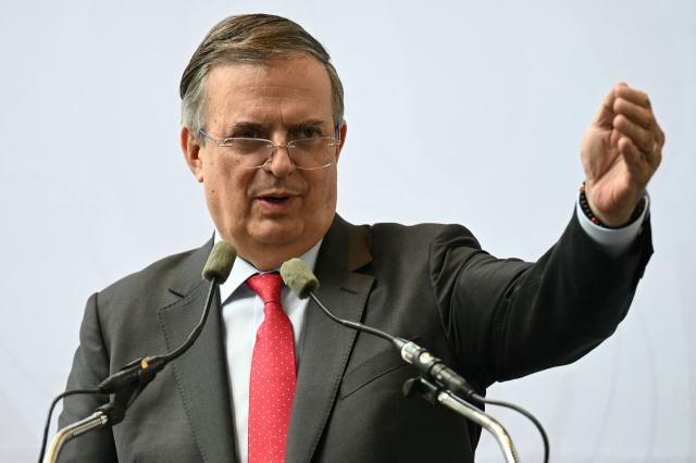 Mexico's Secretary of the Economy, Marcelo Ebrard, gestures during a press conference following the formal meeting between representatives from Mexico, the US and Canada as part of the review process for the USMCA free trade agreement, in Mexico City on July 1, 2026. The United States will not renew a North American trade pact with Canada and Mexico in its current state, the US trade envoy said on July 1, meaning the deal will now be reviewed annually. (Photo by YURI CORTEZ / AFP)