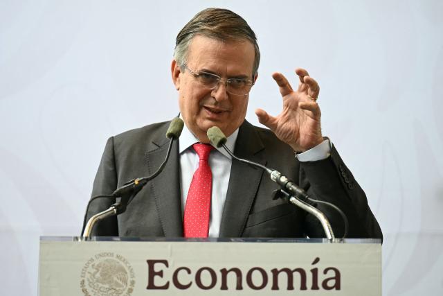 Mexico's Secretary of the Economy, Marcelo Ebrard, gestures during a press conference following the formal meeting between representatives from Mexico, the US and Canada as part of the review process for the USMCA free trade agreement, in Mexico City on July 1, 2026. The United States will not renew a North American trade pact with Canada and Mexico in its current state, the US trade envoy said on July 1, meaning the deal will now be reviewed annually. (Photo by YURI CORTEZ / AFP)