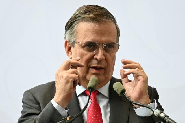 Mexico's Secretary of the Economy, Marcelo Ebrard, gestures during a press conference following the formal meeting between representatives from Mexico, the US and Canada as part of the review process for the USMCA free trade agreement, in Mexico City on July 1, 2026. The United States will not renew a North American trade pact with Canada and Mexico in its current state, the US trade envoy said on July 1, meaning the deal will now be reviewed annually. (Photo by YURI CORTEZ / AFP)