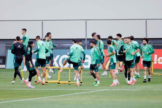Mexico's players take part in a training session during the 2026 World Cup football tournament at the Centro de Alto Rendimiento (CAR) in Mexico City on July 1, 2026. (Photo by Rodrigo Oropeza / AFP)