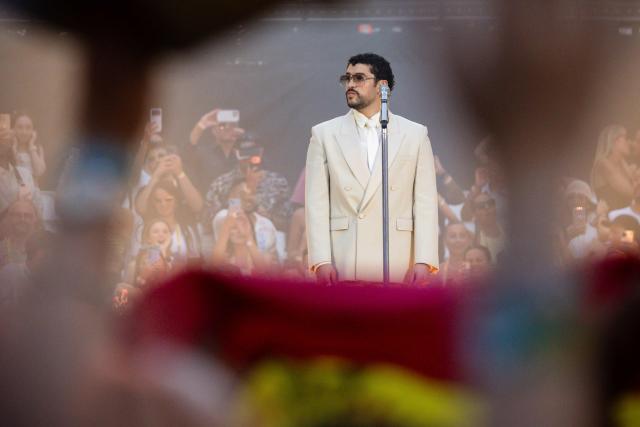 Puerto Rican singer Bad Bunny performs on stage at the Velodrome Stadium as part of his world tour, in Marseille, southern France, on July 01, 2026. (Photo by CLEMENT MAHOUDEAU / AFP)