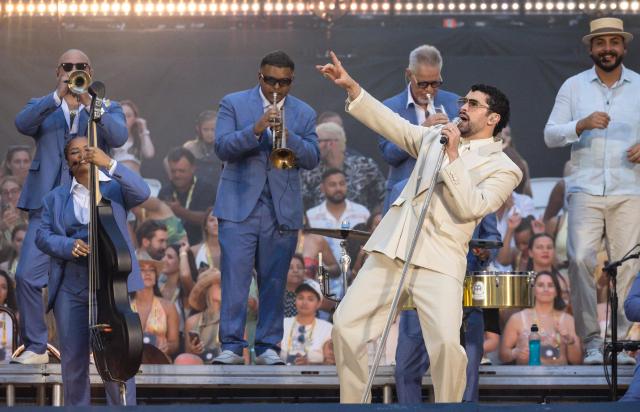 Puerto Rican singer Bad Bunny performs on stage at the Velodrome Stadium as part of his world tour, in Marseille, southern France, on July 01, 2026. (Photo by CLEMENT MAHOUDEAU / AFP)