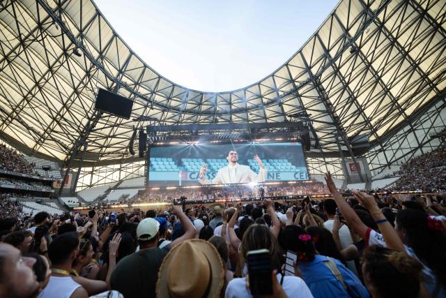 Puerto Rican singer Bad Bunny performs on stage at the Velodrome Stadium as part of his world tour, in Marseille, southern France, on July 01, 2026. (Photo by CLEMENT MAHOUDEAU / AFP)