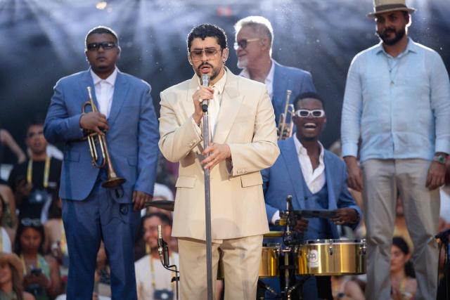 Puerto Rican singer Bad Bunny performs on stage at the Velodrome Stadium as part of his world tour, in Marseille, southern France, on July 01, 2026. (Photo by CLEMENT MAHOUDEAU / AFP)