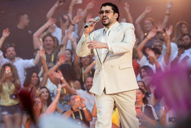 Puerto Rican singer Bad Bunny performs on stage at the Velodrome Stadium as part of his world tour, in Marseille, southern France, on July 01, 2026. (Photo by CLEMENT MAHOUDEAU / AFP)