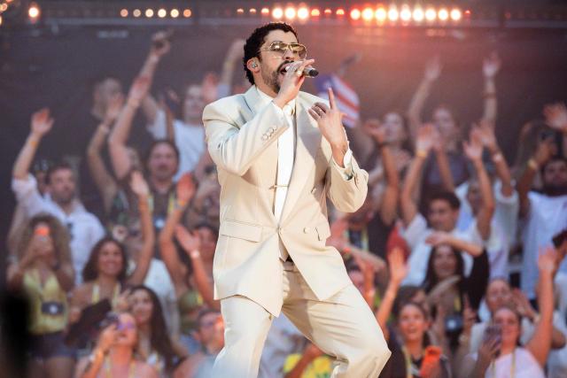 Puerto Rican singer Bad Bunny performs on stage at the Velodrome Stadium as part of his world tour, in Marseille, southern France, on July 01, 2026. (Photo by CLEMENT MAHOUDEAU / AFP)