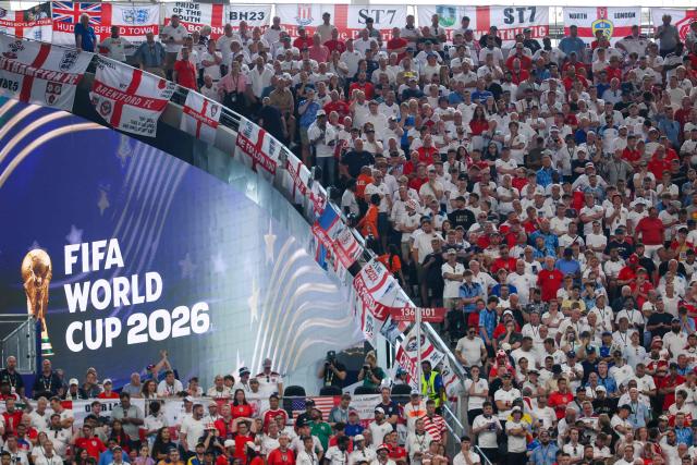 England's supporters attend the 2026 World Cup round of 32 match football between England and the Democratic Republic of Congo at the Atlanta Stadium in Atlanta on July 1, 2026.  (Photo by Odd ANDERSEN / AFP)