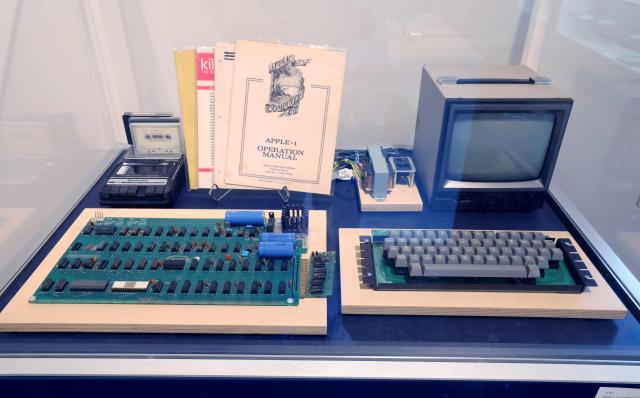 The "Apple computer 1", with all its components including the motherboard, keyboard and manuals, is exhibited during a press preview at the Sotheby's Breuer building in New York, on July 1, 2026. The computer purchased circa late 1976 at a Byte Shop in Berkeley, California, will be put to auction as part of the "Summer Season at the Breuer" from late June through mid-August 2026. (Photo by TIMOTHY A. CLARY / AFP)