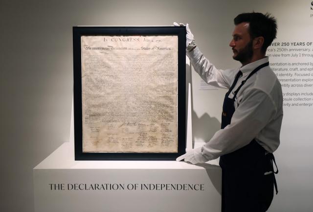 A framed reproduction of the 1776 United States' Declaration of Independence, commissioned and printed by William J. Stone in 1823 or after, is exhibited during a press preview at the Sotheby's Breuer building in New York, on July 1, 2026. The engraved copy, with a few light creases and neatly repaired tears, will be put to auction as part of the "Summer Season at the Breuer" from late June through mid-August 2026. (Photo by TIMOTHY A. CLARY / AFP)
