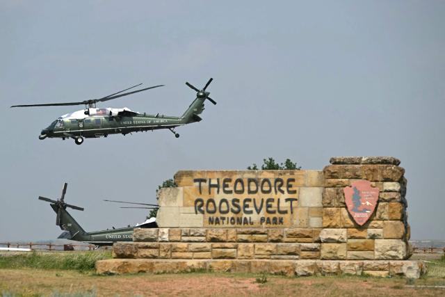 Marine One carrying US President Donald Trump lands at Painted Canyon Landing Zone in Belfield, North Dakota, on July 1, 2026. President Trump is heading back to Washington, DC after participating in the Theodore Roosevelt Presidential Library Opening Ceremony in Medora, North Dakota. (Photo by SAUL LOEB / AFP)