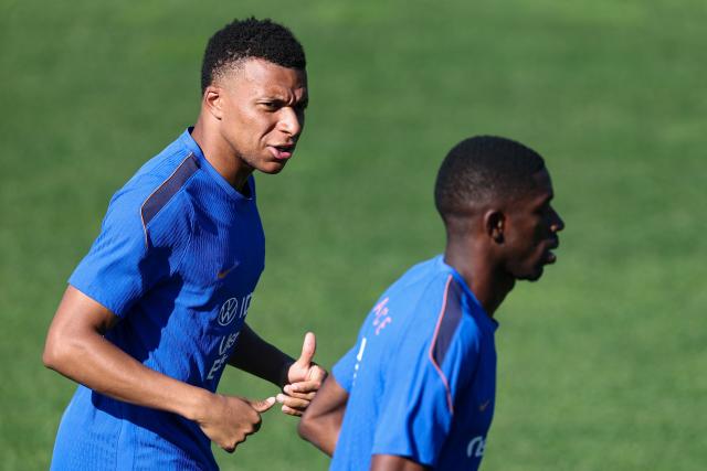 France's forward #10 Kylian Mbappe takes part in a training session at Bentley University in Waltham, near Boston, on July 1, 2026, during the 2026 World Cup football tournament. (Photo by FRANCK FIFE / AFP)