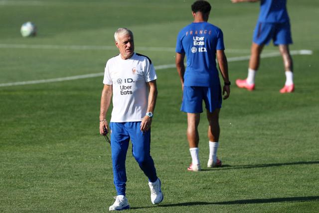 France's head coach Didier Deschamps takes part in a training session at Bentley University in Waltham, near Boston, on July 1, 2026, during the 2026 World Cup football tournament. (Photo by FRANCK FIFE / AFP)