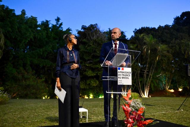 French Foreign Minister Jean-Noel Barrot speaks as he awards former Brazilian Environment Minister Marina Silva with the Legion of Honor during a ceremony at the French Embassy in Brasilia on July 1, 2026. (Photo by Evaristo Sa / AFP)