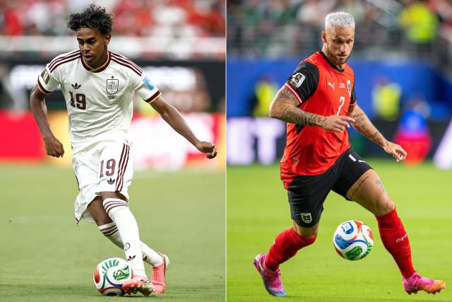 This combination of pictures created on July 1, 2026, shows Spain's forward #19 Lamine Yamal (L) running with the ball in Zapopan on June 26, 2026; and Austria's forward #07 Marko Arnautovic (R) running with the ball in Santa Clara on June 16, 2026. Spain and Austria will meet in a 2026 World Cup round of 32 football match at the Los Angeles Stadium in Inglewood on July 2, 2026. (Photo by Ulises RUIZ and Georg HOCHMUTH / AFP) / Austria OUT / SOUTH TYROL OUT